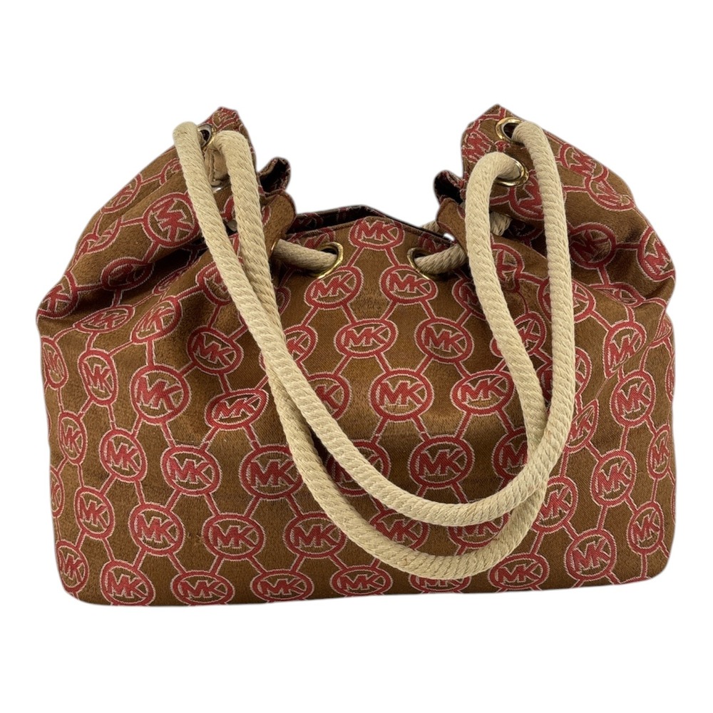 Michael Kors Marina Canvas Drawstring Tote Rope Handle Bag Tan Coral Monogram